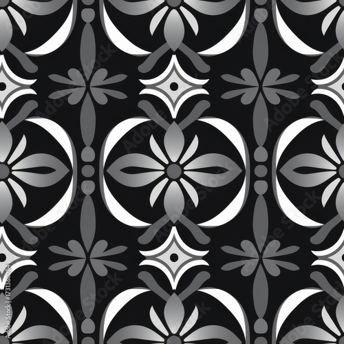 Elegant monochromatic vector pattern with intricate floral and geometric designs in shades of gray and white on black ba