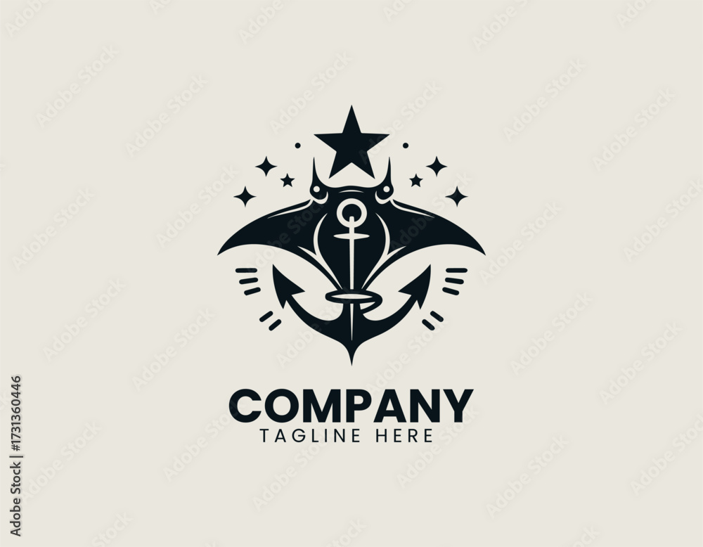 Obraz premium Vector logo shows anchor combined with manta ray illustration in minimal marine design