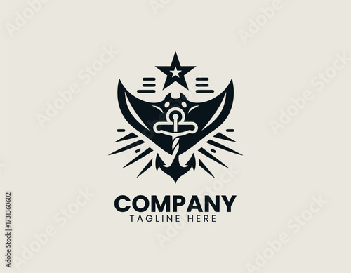 Vector logo shows anchor combined with manta ray illustration in minimal marine design