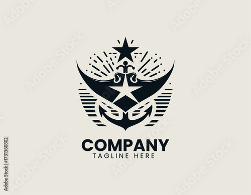 Vector logo shows anchor combined with manta ray illustration in minimal marine design