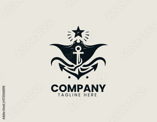 Vector logo shows anchor combined with manta ray illustration in minimal marine design