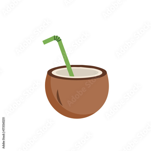 Stylized Coconut Half with Green Straw, Tropical Drink Illustration