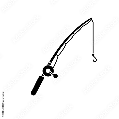 Angled Black and White Fishing Rod with Hook and Reel