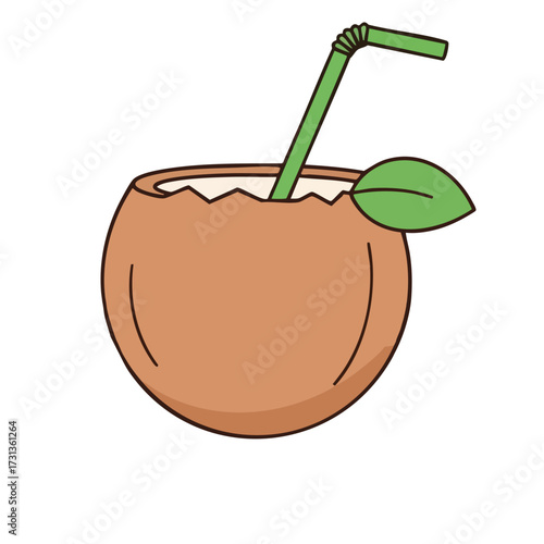 Cartoon Coconut Drink with Green Straw and Leaf Garnish Illustration