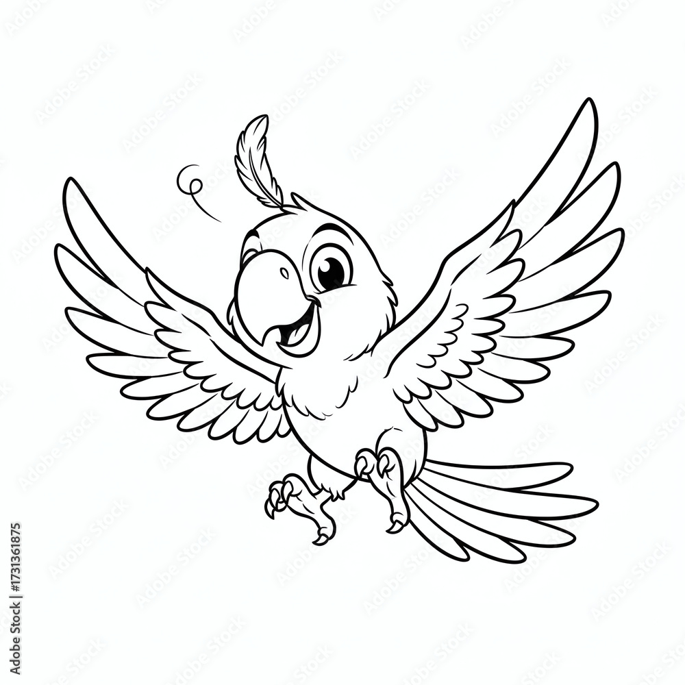 Obraz premium Happy cartoon parrot flying with spread wings