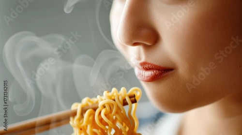 Person smelling hot instant noodles held by chopsticks, steam rising, appetizing aroma and culinary enjoyment