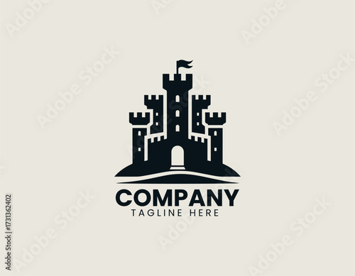 Vector logo medieval castle fortress with towers and flag in strong symbolic design
