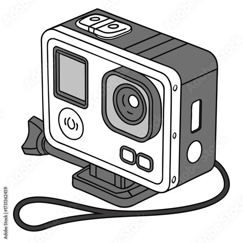 Action camera illustration showcasing its compact design, perfect for capturing adventures, sports, and travel moments in high quality