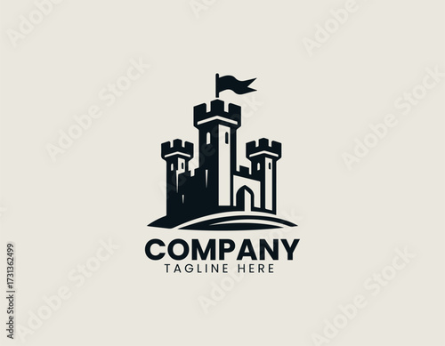 Vector logo medieval castle fortress with towers and flag in strong symbolic design