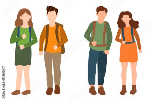 Group of Travelers Standing with Backpacks Illustration