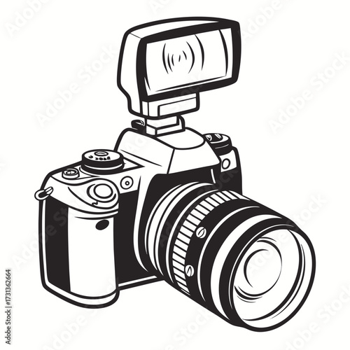 Illustration of a professional camera with flash, highlighting its robust build and advanced capabilities for capturing stunning visuals