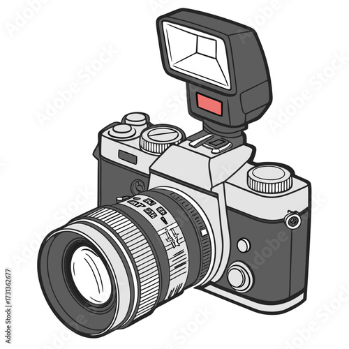 A detailed line art illustration of a classic singlelens reflex camera with a flash attachment, the camera is depicted with precision and clarity