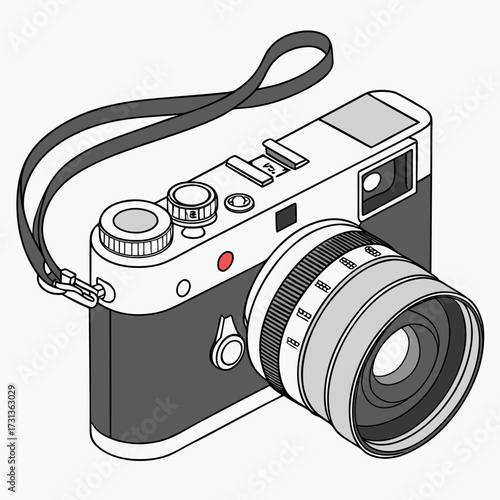 A vintage rangefinder camera with a strap, showcasing its classic design and functionality a timeless piece for photography enthusiasts and collectors