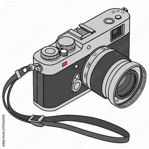 A sleek rangefinder camera with a gray and black finish, featuring a detailed lens and a durable strap, perfect for capturing memories it is a stylish tool