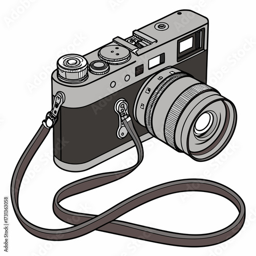 Vintage rangefinder camera illustration classic 35mm film camera with lens and strap, perfect for photography enthusiasts and retro design projects