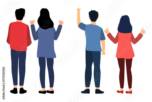 Group of People with Raising Their Hands And Celebrating Back View Illustration