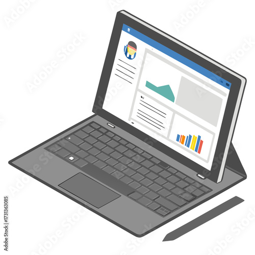 Isometric view of a laptop with a stylus, the laptop screen displays graphs and charts, and the keyboard is gray the stylus is next to the laptop