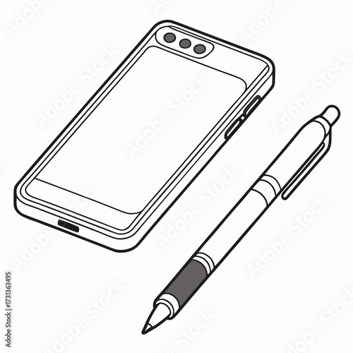 Illustration of a smartphone and pen, perfect for showcasing mobile technology, creative tools, and digital accessories in a clean and modern style
