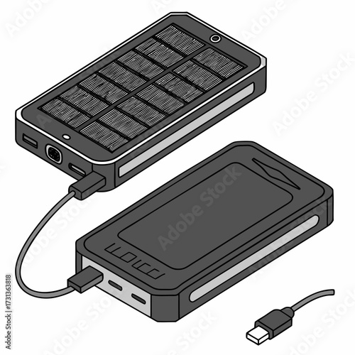 Illustration of two solar power banks connected by a charging cable, highlighting sustainable energy solutions for mobile devices