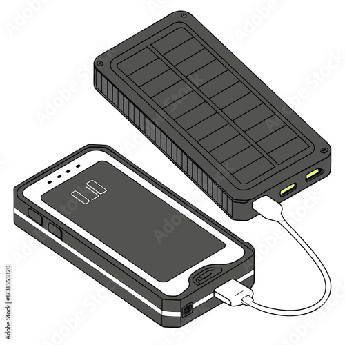 Illustration of two solar power banks connected by a charging cable, showcasing sustainable energy for mobile devices