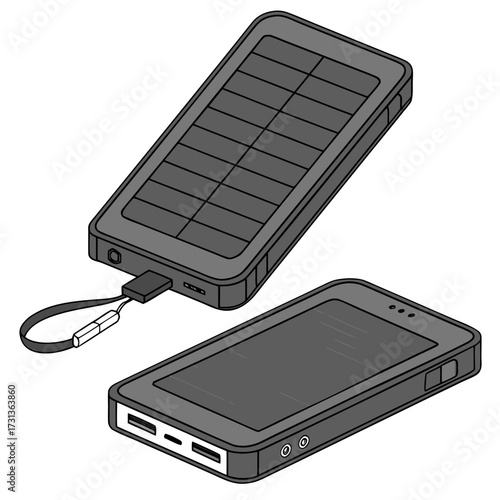 Isometric illustration showcasing two solar power banks, one featuring a solar panel on top and the other displaying multiple usb ports