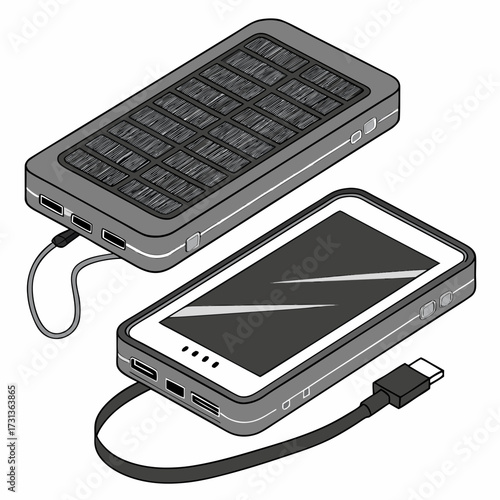 Isometric illustration showcasing two solar power banks, one featuring a solar panel on top and the other displaying multiple usb ports