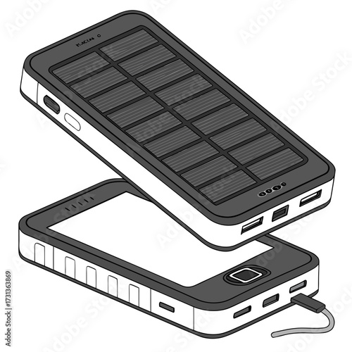 Illustration of two solar power banks, one with a solar panel and the other with a usb cable, showcasing portable charging solutions for electronic devices