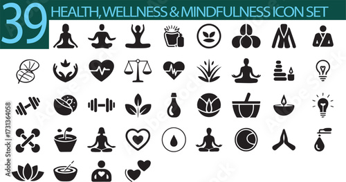 Essential health, wellness, and mindfulness icon set for a holistic lifestyle and balanced well-being promotion in modern designs