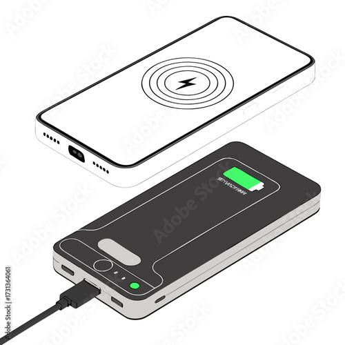 Isometric illustration of a smartphone charging wirelessly and with a power bank modern technology for charging mobile devices
