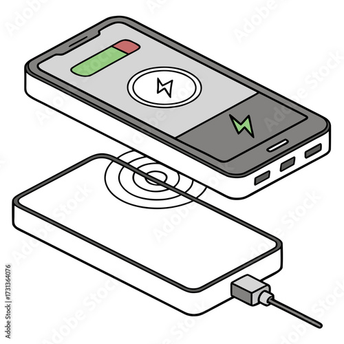 Isometric illustration of a smartphone charging wirelessly and with a power bank modern technology for charging mobile devices