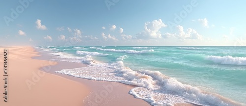 Macro Close Up of Turquoise Ocean Waves Crashing onto Pink Sandy Beach Under Cloudy Blue Sky