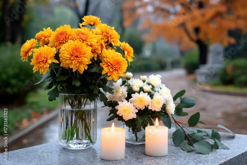 Chrysanthemum flowers and candles commemorating loved ones on grave