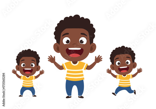Three happy boys in yellow striped shirts jumping with joy.