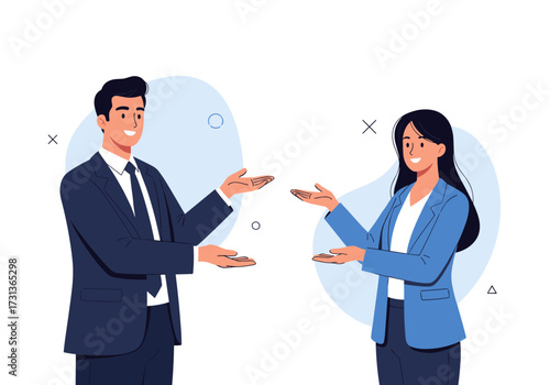 Two professionals in business attire engaging in a conversation with welcoming gestures.