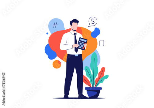 A businessman with a calculator standing in front of abstract shapes and plants.