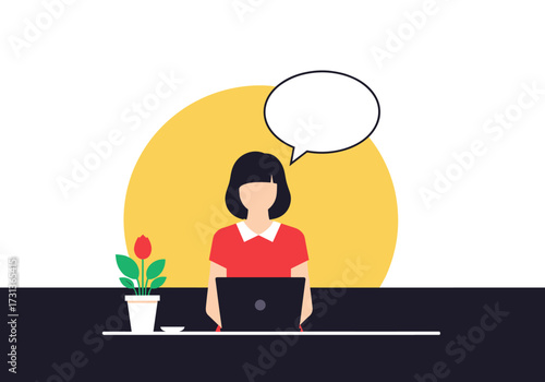 A woman sitting at a desk working on a laptop with a potted plant and a speech bubble above her head.