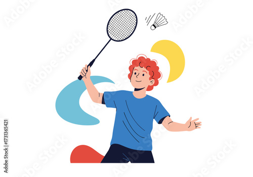 Young athlete enjoys playing badminton with shuttlecock and racket during a sunny day.