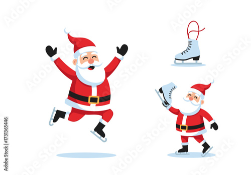 Joyful santa claus enjoying winter ice skating fun with skates and festive spirit.