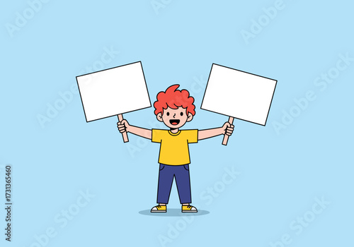 A cheerful young person holding two blank signs with open arms expressing positivity and readiness.