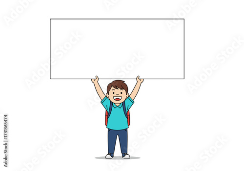 A happy young boy with a backpack holds up a blank white sign for your message.