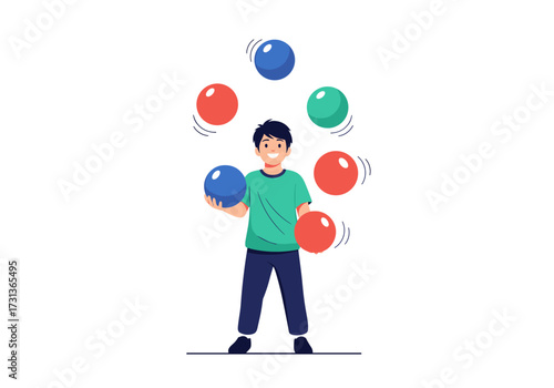 A young man is skillfully juggling several colorful balls in the air with a happy expression on his face.
