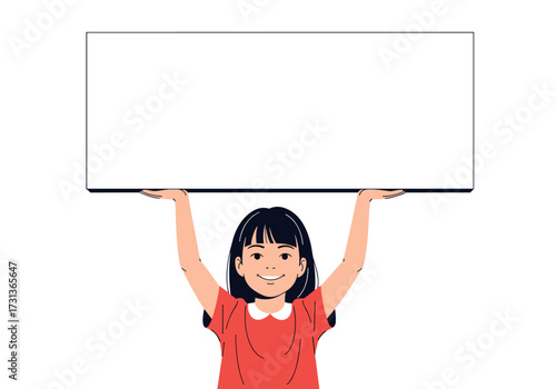 A young girl is holding a blank rectangular sign above her head with both hands.