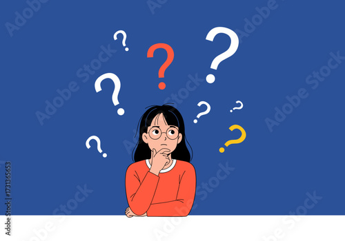 A person deeply thinking about several questions that surround them.