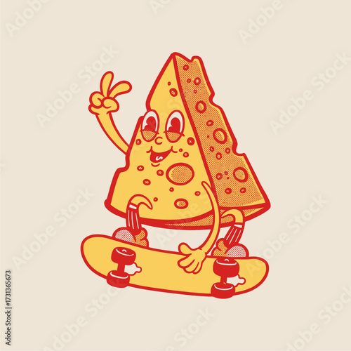 Groovy cheese breakfast character in retro cartoon. Mascot, vector, icon, colection, sticker, vintage, illustration, set, funny, logo, comic, vintage, line art, logo