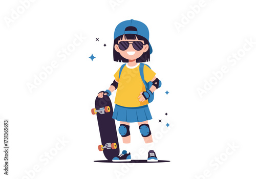 A cool young girl dressed in a yellow t-shirt and blue skirt with a cap and sunglasses stands holding a skateboard.