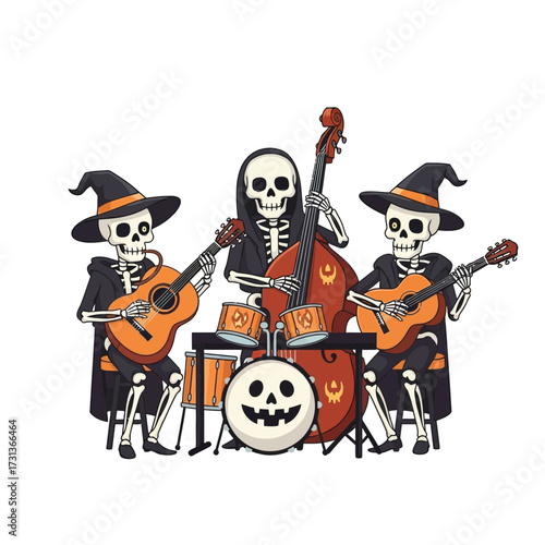 Three skeletons in witch hats playing music with a guitar, bass, and drums, celebrating Halloween.