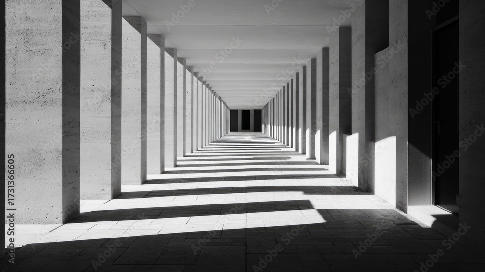 Fototapeta premium Architectural corridor with repetitive patterns, strong light and shadow rhythm, modern minimalism with artistic appeal
