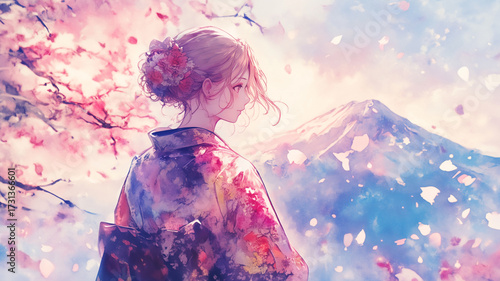 和風の情緒あふれる水彩画調の背景に映える着物姿の白人女性｜日本の伝統美と異国の魅力が融合した風景｜観光・文化・旅情をテーマにしたビジュアル素材