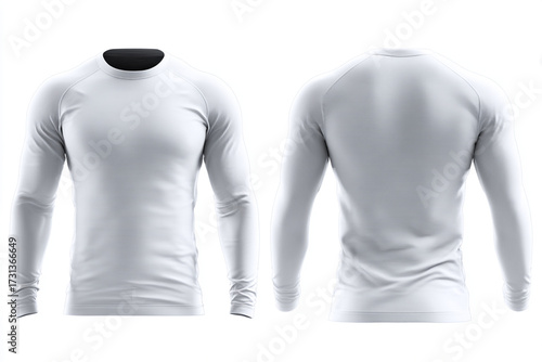 A blank white long sleeve athletic shirt shown from the front and back The rash guard compression top is a perfect mockup template for apparel design isolated on a simple white background