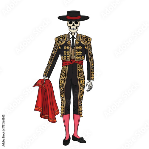A skeleton dressed as a matador, wearing a hat and holding a red cape.